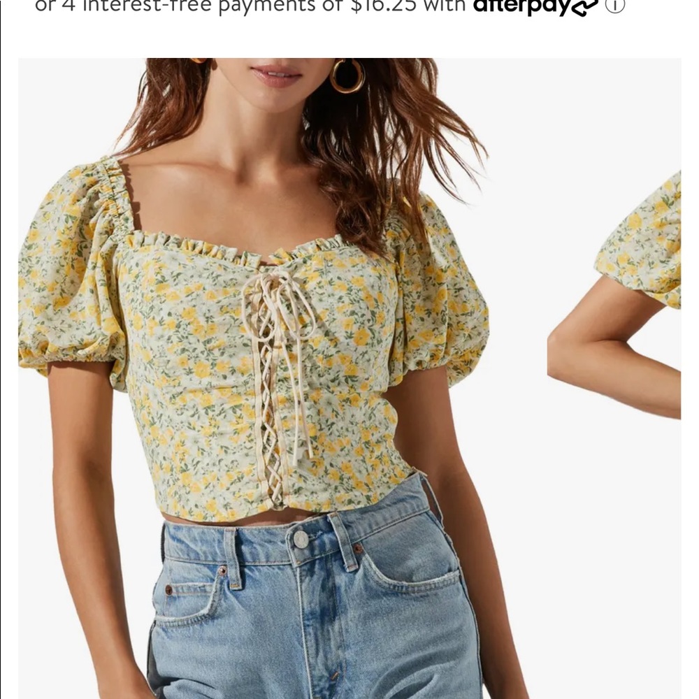 ASTR lace-Up Floral Puff Sleeve Crop Top XSmall